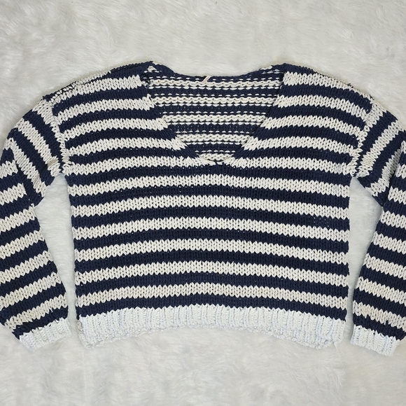 FREE PEOPLE Portland Pullover Navy Blue Stripes Sweater Knit SMALL - Picture 4 of 10